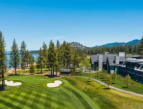 Aerial view of Edgewood Tahoe Resort and its golf course