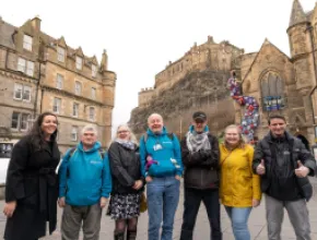 Zakia Moulaoui Guery and the Invisible Cites Team photographed in the Grassmarket, Edinburgh, Scotland