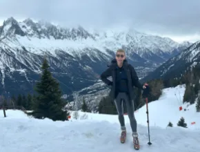 Laurie Sharp climbing mountains in Les Praz, France, in the Chamonix Mont-Blanc Valley.