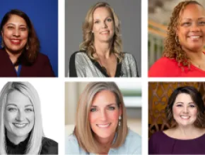 Headshots of Ishma Haider (top left), Louise Bang (top center), Dominique Bonds (top right), Janet Dell (bottom left), Marsha Flanagan (bottom center), and Tammy McCormick (bottom right)