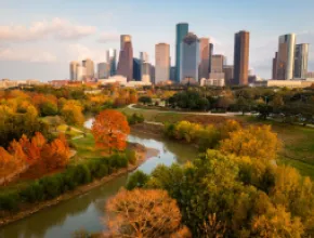 Buffalo Bayou Park and Houston skyline.