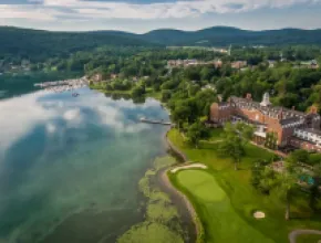 The Otesaga Resort and Otsego Lake aerial view