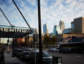 View of the Minneapolis skyline from the Hewing Hotel entrance.