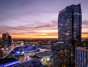 Aerial photo of L.A. LIVE! at sunset.