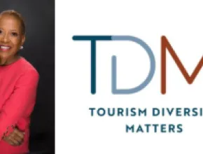 Graphic featuring photo of Hattie Hill on left and Tourism Diversity Matters logo on the right.