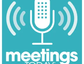 Graphic of Meetings Today Podcast logo.