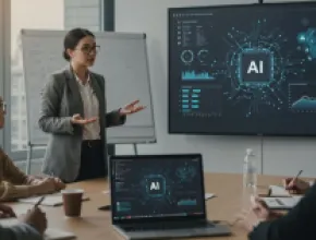 AI-generated image of a woman demonstrating AI to people seated at a conference table.