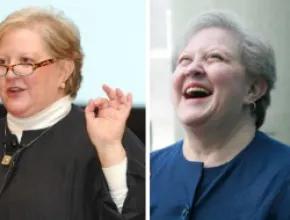 Two photos of Joan Eisenstodt at meetings industry events.