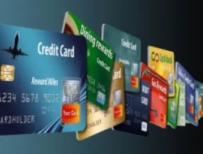 Graphic of airline credit cards in a line.