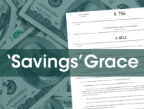Image of a senate bill with the words 'Savings' Grace over it, with a background of 100-dollar bills.