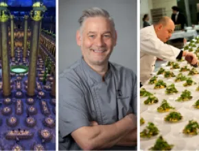 Triptic photo of Landmark Experiences food settings with chef John Haywood in the middle