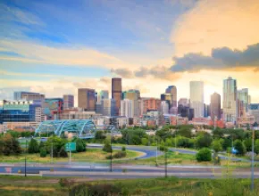Denver skyline and sunset.