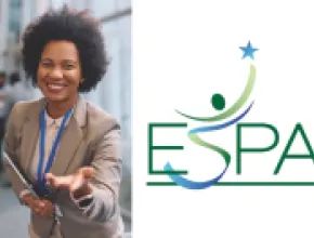 Image of a woman at a convention center with her hand outstretched to the viewer.
