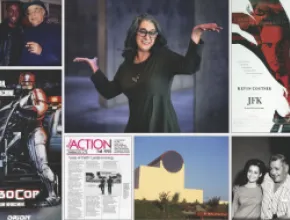 Collage of photo of Maura Gast, with her arms outstretched, with vintage photos of Irving's film studio history.