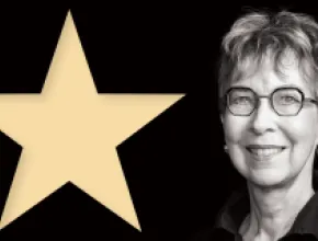 Illustration of a large star on the left and photo of Patricia Sharpe on the right.