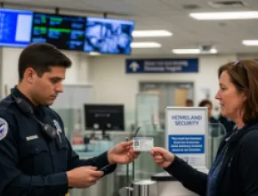 woman getting ID checked at airport security checkpoint