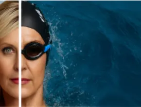 Photo illustration of Deborah Gardner, with one side of her face in as a typical headshot and the other wearing swimming goggles, with blue water to the right.