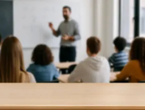 Students and teacher in a classroom. 