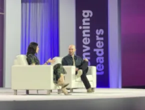 Australian business event leader Holly Ransom (left) leads a seated discussion with Adam Grant (right)