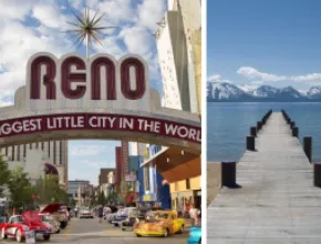 Photo collage with the Reno sign and classic cars on the left and a dock jutting out into Lake Tahoe on the right.