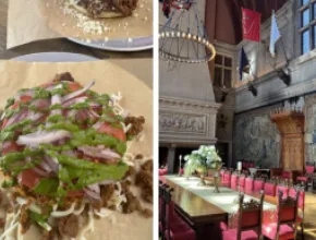 Photo of an arepa (left) and the Biltmore House dining room.