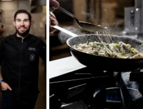 David Ruiz (left) and the preparation of risotto in a pan. 