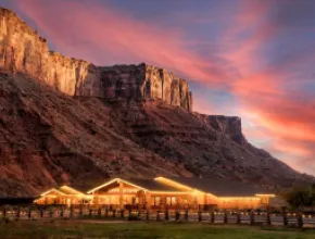 Red Cliffs Lodge Moab exterior at sunset