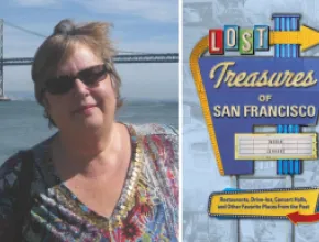 Split image of author Maria Lenhart and the cover of her book "Lost Treasures of San Francisco."