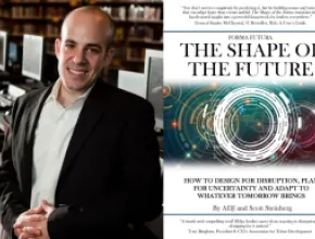 Split image of author Scott Steinberg (left) and cover of his book, The Shape of the Future.