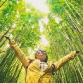 Woman walking through trees in a forest.