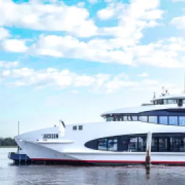 Exterior of The Jackson, a new super yacht that can host groups on Sydney Harbour