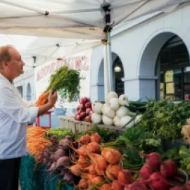 Executive Chef Victor Litkewycz, Hyatt Regency San Francisco, shopping at farmers market.