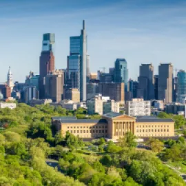 Photo of Philadelphia skyline and Philadelphia Museum of Art.