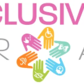 Graphic that reads Inclusivity for All with a rainbow-colored flower made of hands.