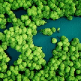 Graphic of forest with lakes shaped like a map of Earth.