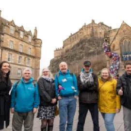 Zakia Moulaoui Guery and the Invisible Cites Team photographed in the Grassmarket, Edinburgh, Scotland