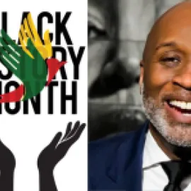 Jason Dunn in a black suit next to a black history month graphic