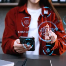 Photo of a woman with virtual reality technology overlays in front of her.