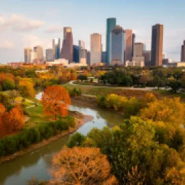 Buffalo Bayou Park and Houston skyline. 