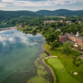 The Otesaga Resort and Otsego Lake aerial view