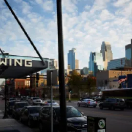 View of the Minneapolis skyline from the Hewing Hotel entrance.