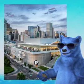 Colorado Convention Center rendering with blue bear giving a thumbs up