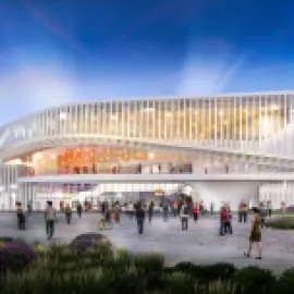 Rendering of Ontario Convention Center main lobby exterior.