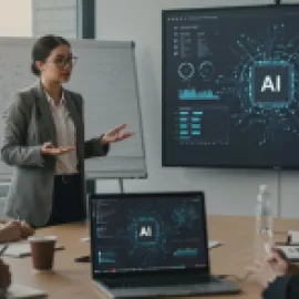 AI-generated image of a woman demonstrating AI to people seated at a conference table.