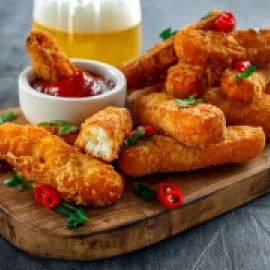 Photo of a cutting board with fried cheese sticks and dipping sauce.