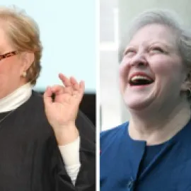 Two photos of Joan Eisenstodt at meetings industry events.