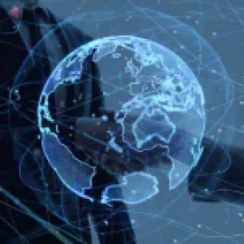 Globe graphic with hands shaking