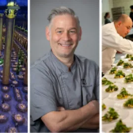 Triptic photo of Landmark Experiences food settings with chef John Haywood in the middle