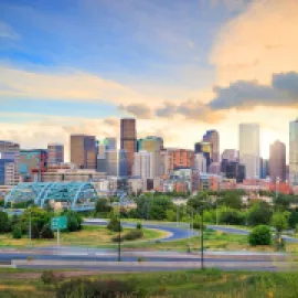 Denver skyline and sunset.