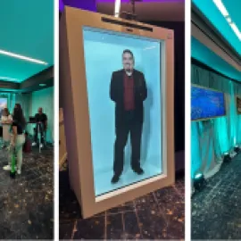 Three photos of event av activations utilizing technology, with attendees looking at them.